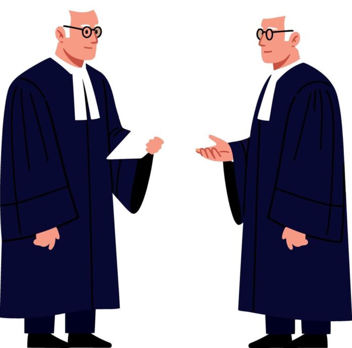 two-judges-in-black-robes-discussing-legal-documents-in-a-flat-illustration-vector
