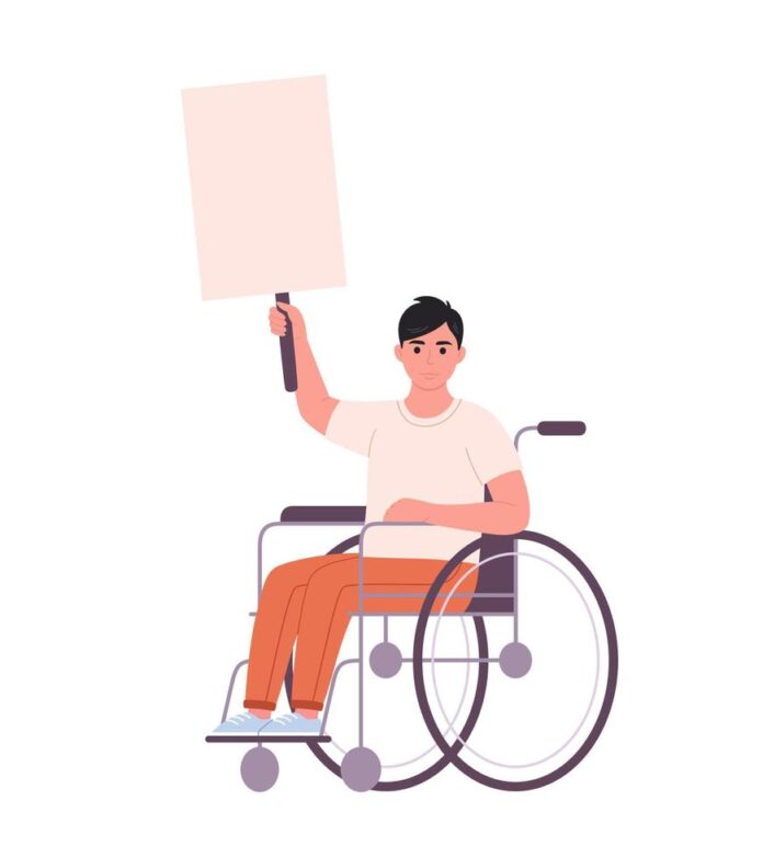 young-man-in-wheelchair-holding-clean-empty-banner-or-placard-activism-social-movement-democracy-rally-and-protest-person-with-physical-disability-vector